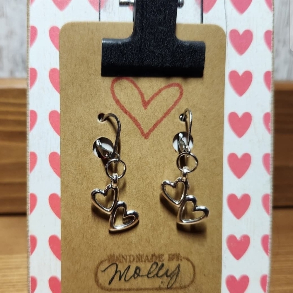 Handmade By Me Silver in Color Double Heart Dangle Earrings w/ Clasp Leverbacks